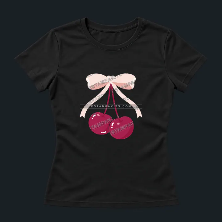 Cerezas con moño rosa: simulación sobre remera entallada