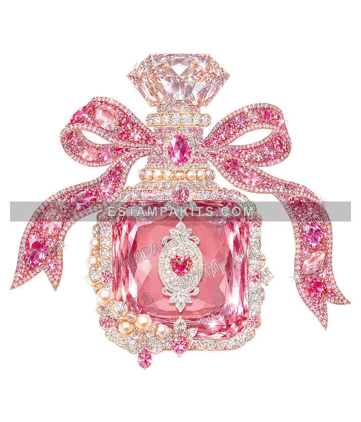 Perfume rosa con perlas: muestra protegida con transparencia